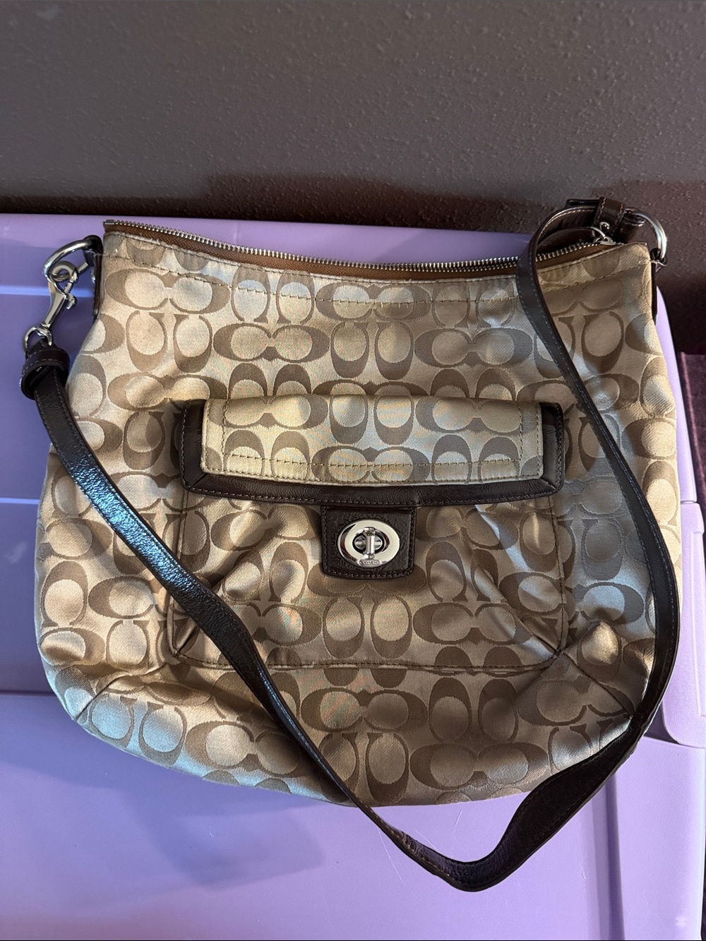 Coach Khaki Signature Canvas Shoulder Bag with Dark Brown Trim